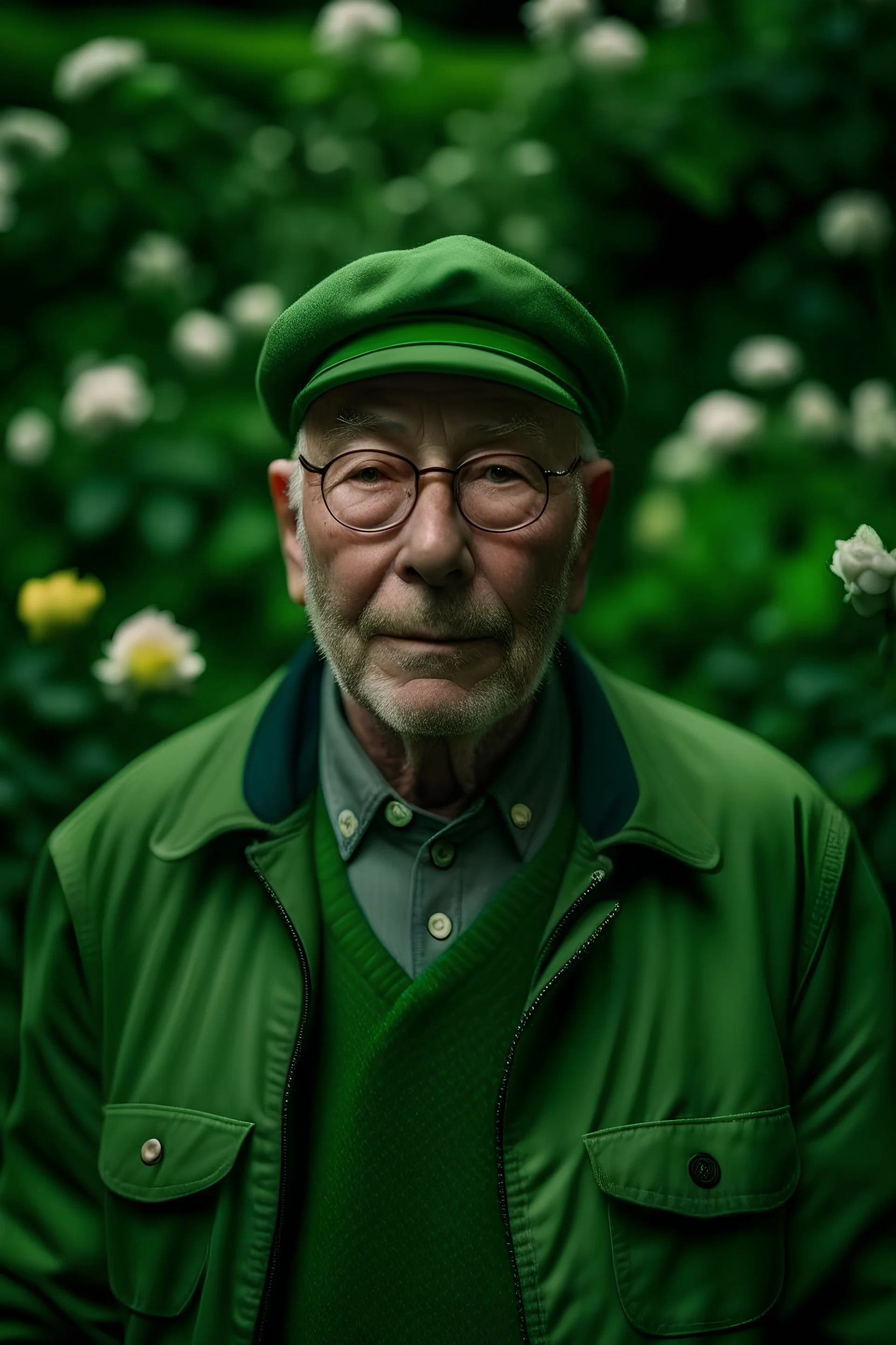 Un retrato de un anciano con un sobretodo verde y lentes de marco grueso en un jardín de rosas