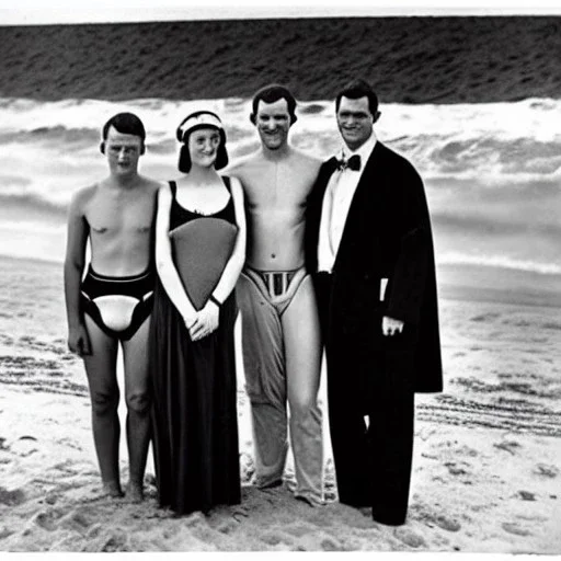 Creepy old family photo of star wars type people at the beach