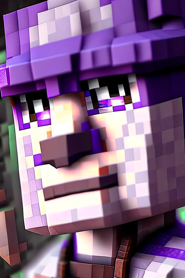 a close-up portrait of a purple Minecraft character, 3d, large pixel style