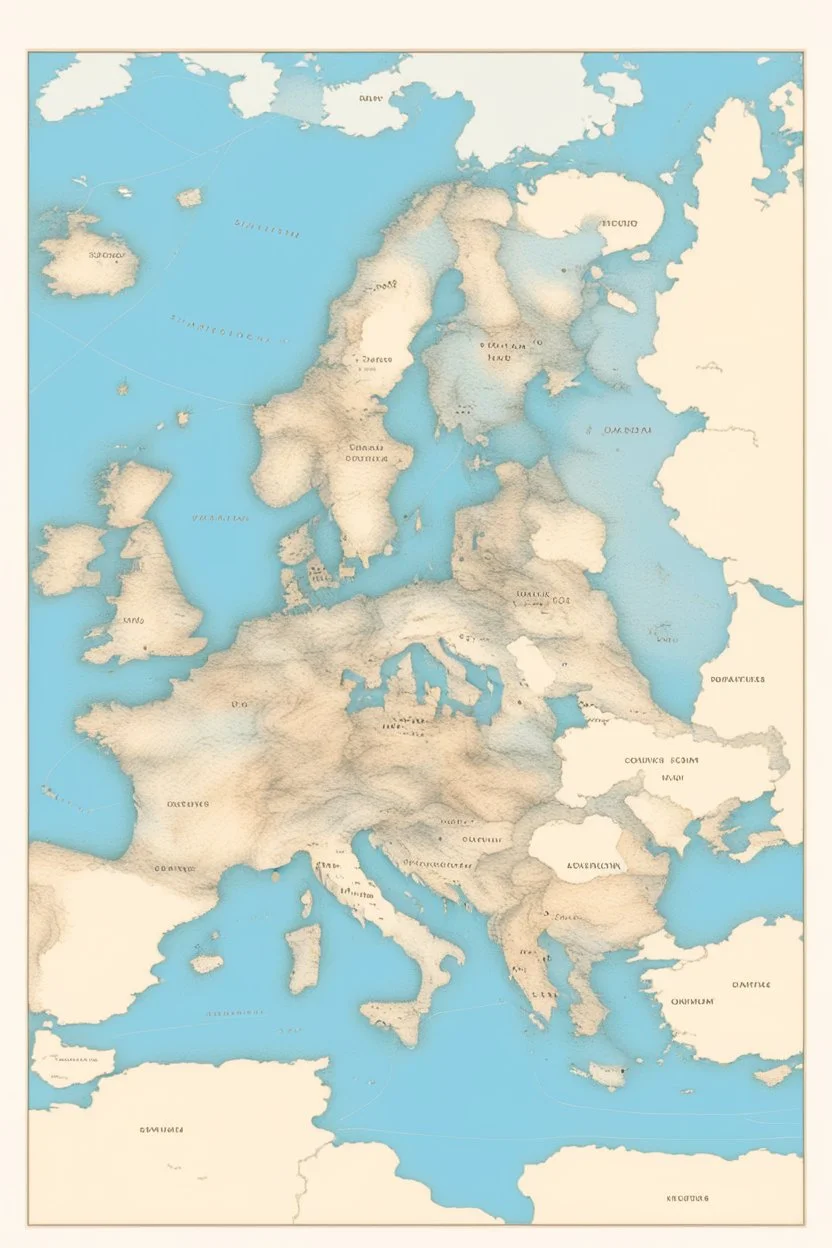 European countries are viewed from space, roads, cities, signs are visible. Highlight the names of the countries on the map. The clouds are naturalistic