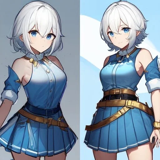 Clear focus, High resolution, rough line sketch art, short fluffy white hair, hair between eyes, fluffy hair, blue eyes, wearing a sleeveless shirt, wearing a a pleated skirt , detailed outfit, lots of details, bow on belt, white belt, white and blue everywhere on outfit, cut sleeve, yellow chains around outfit, concept art