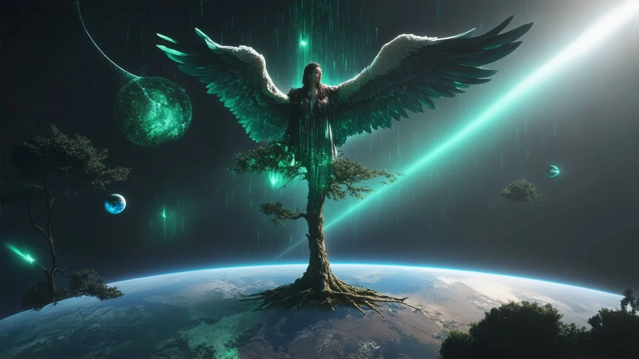 matrix universe, space, planets, god creation, angels from other dimensions with beautiful wings, trees on the planet, behind green crystals of light, few tiberium monolith deposits on the planet near tree,