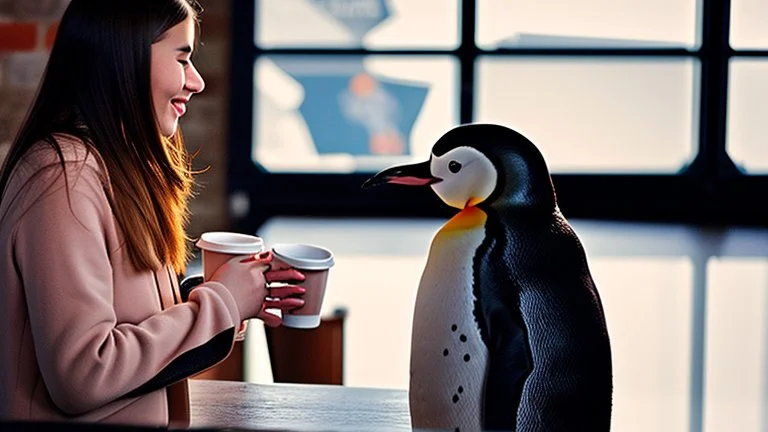 young woman talk to a penguin in coffee-shop