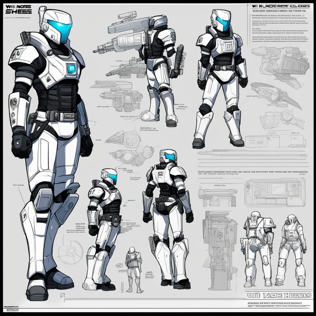 ConceptSheet for wii No More Heroes style with thick lines: sci-fi RPG Character Class Driller Character Class Concept [colour illustration by Kelley Jones] : hDrill Gauntlets, Plasma Cutter, Exo-Suit, Multi-Tool Utility Belt, a weapon and all the package of a high-tech explorer