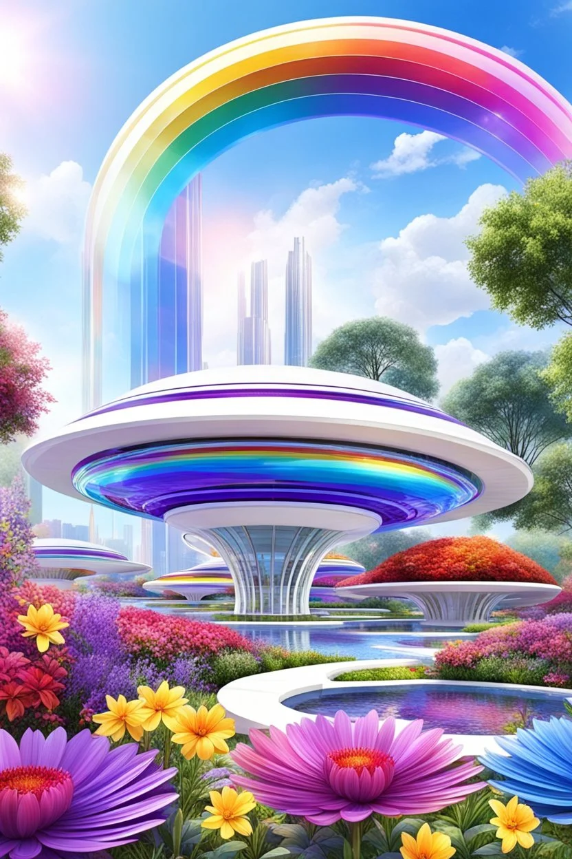 colors, very beautiful, ,flowers, garden,rainbow, cité futuriste ultra moderne, ufos