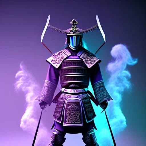 full body samurai purple masked villain in galaxy, teal and purple smoke, detailed, realistic, 4k