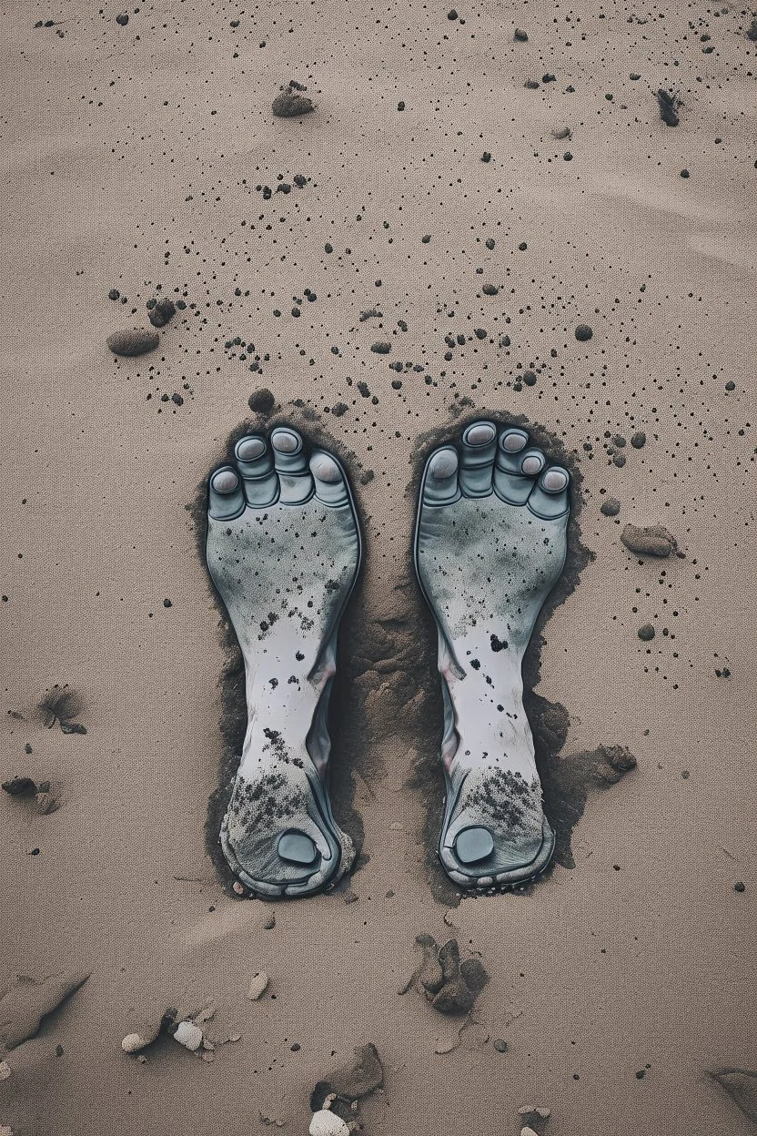 A toes looks dirty filled on the grey , Sands and dirt on a sands ground, view from the top, Bosch painting style