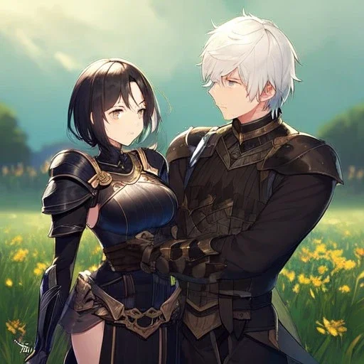 Girl with white hair. Boy with black hair wearing leather armor. Field