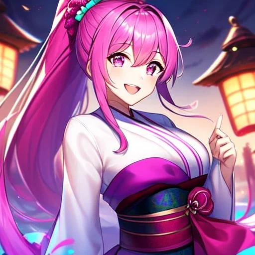 girl, masterpiece, best quality, volumetric lighting, detailed outfit, perfect eyes, long hair, fuchsia hair, fuchsia eyes, laughing, obi, ponytail,