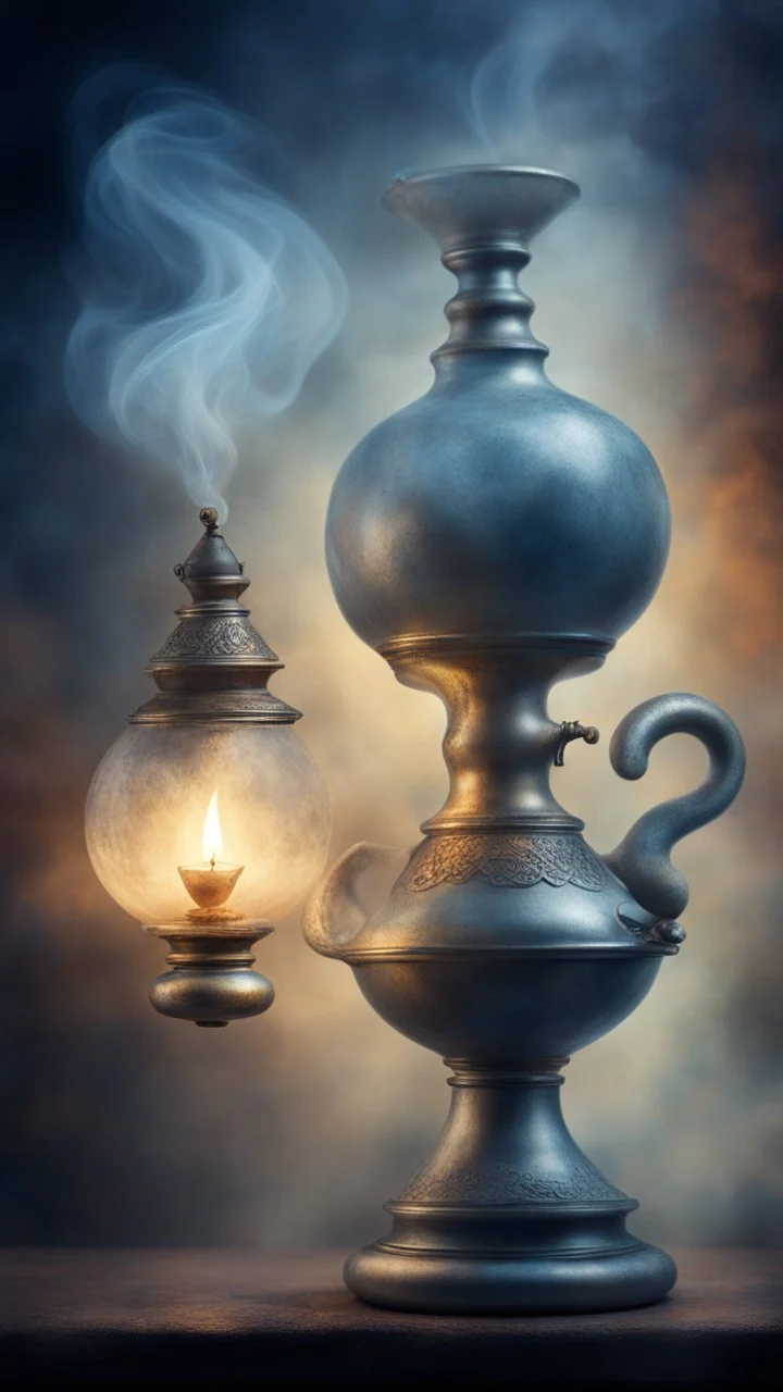 The genie out of the old oil lamp in Smokey ethereal, heavenly background