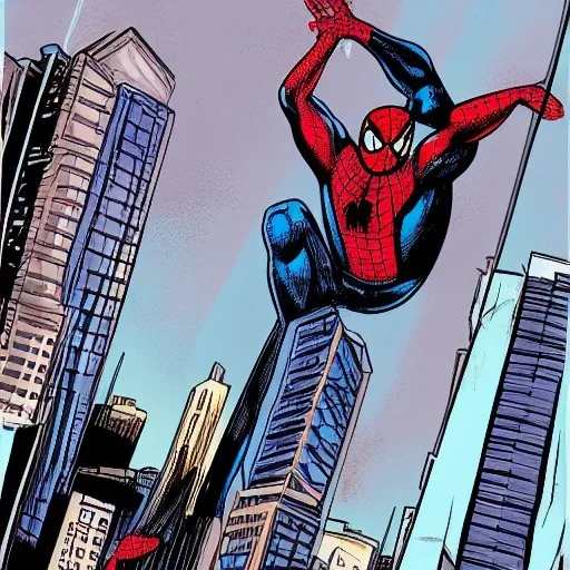 GIANT SPIDER MAN CLIMBING A SKYSCRAPER IN COMIC BOOK STYLE