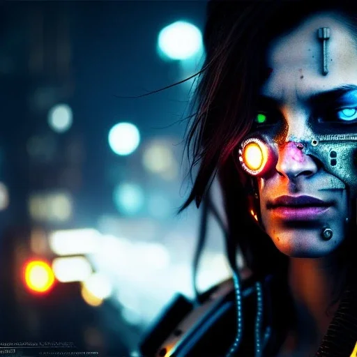 portrait,beautiful female Cyborg, intense stare, sad eyes, post-apocalyptic in a cyberpunk city, realistic, intriacte detail, sci-fi fantasy style, volumetric lighting, particles, highly detailed ,cinamatic , deep colours,8k, in the style of Kaare Andrews