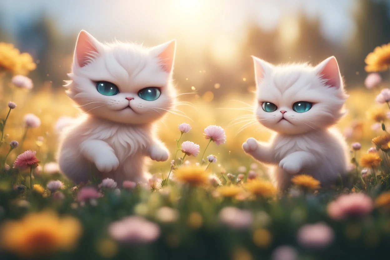 cute chibi angry cats fighting on a flowerfield in sunshine, ethereal, cinematic postprocessing, dof, bokeh Weight:1 detailed matte painting Weight:0.9