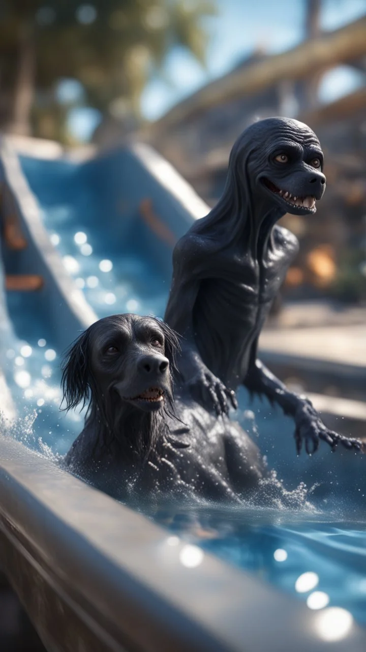 naked dementor petting his soap star dog in a water slide,bokeh like f/0.8, tilt-shift lens 8k, high detail, smooth render, down-light, unreal engine, prize winning