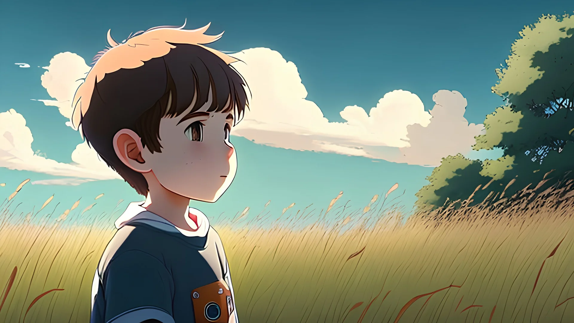 Timmy, a young boy with wide-eyed excitement, exploring an empty field, detailed, masterpiece, perfect eyes, HD, high resolution, ghibli style