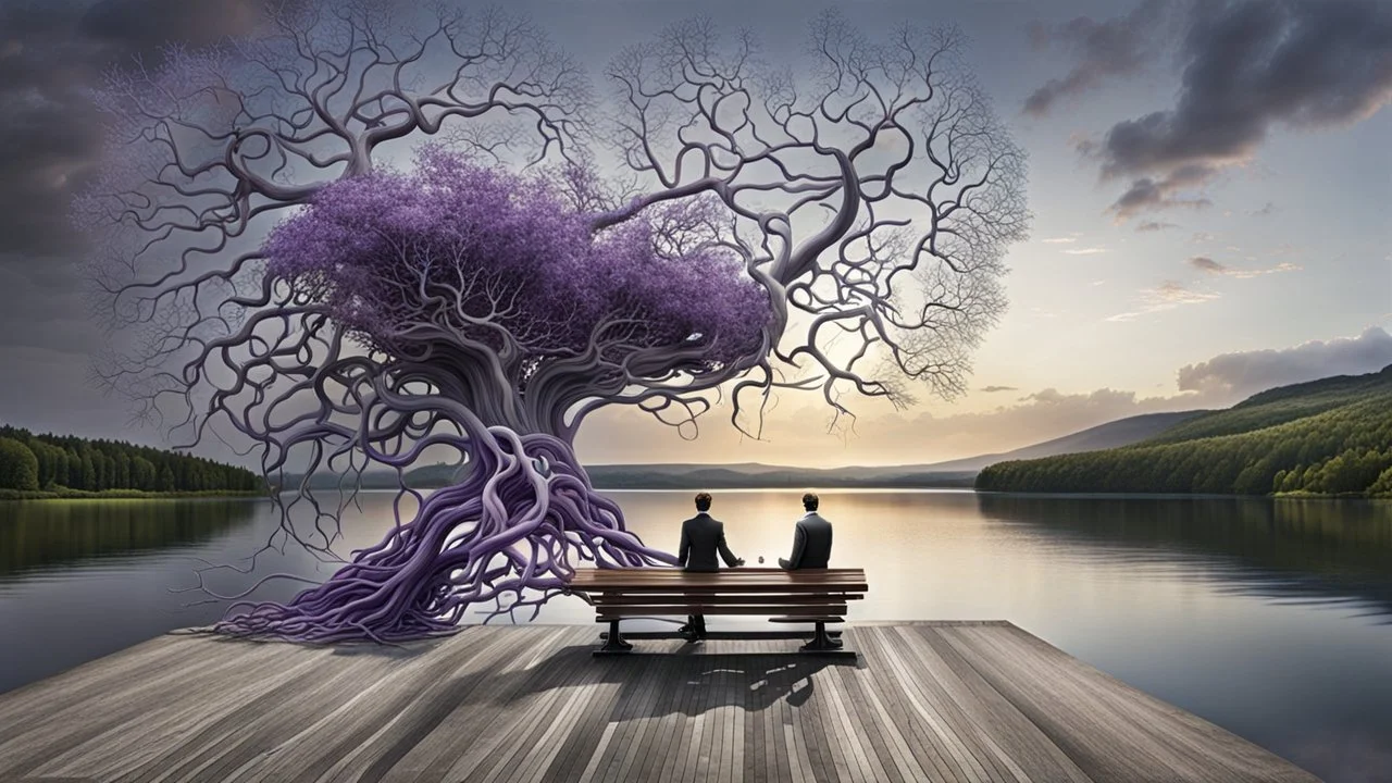 back to the camera a figure sittings on amorph bench in a beautiful landscape and overlooking the water of the nearby lake, calm, harmonious atmosphere, muted dark colors, purple, white, gray, green, blue, brown, silver, black , ,not too colorful colors, Whimsical style and giant stunning neuron network all over the sky, half shadow and half light abyss, surreal stunning vibe