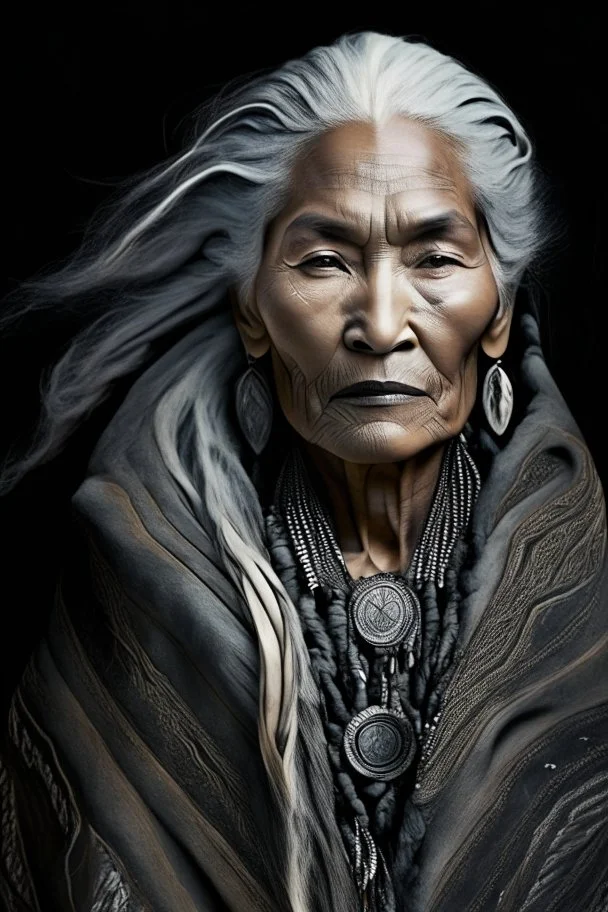 a photo of an Aztec man with ethnic jewelry, grey hair and grey flowing robe, in style of Annie Leibovitz, contemporary portrait of a mature yet beautiful and modernist woman, black and grey, detailed feminine face, swirling fluid smokey enigma, award-winning artwork