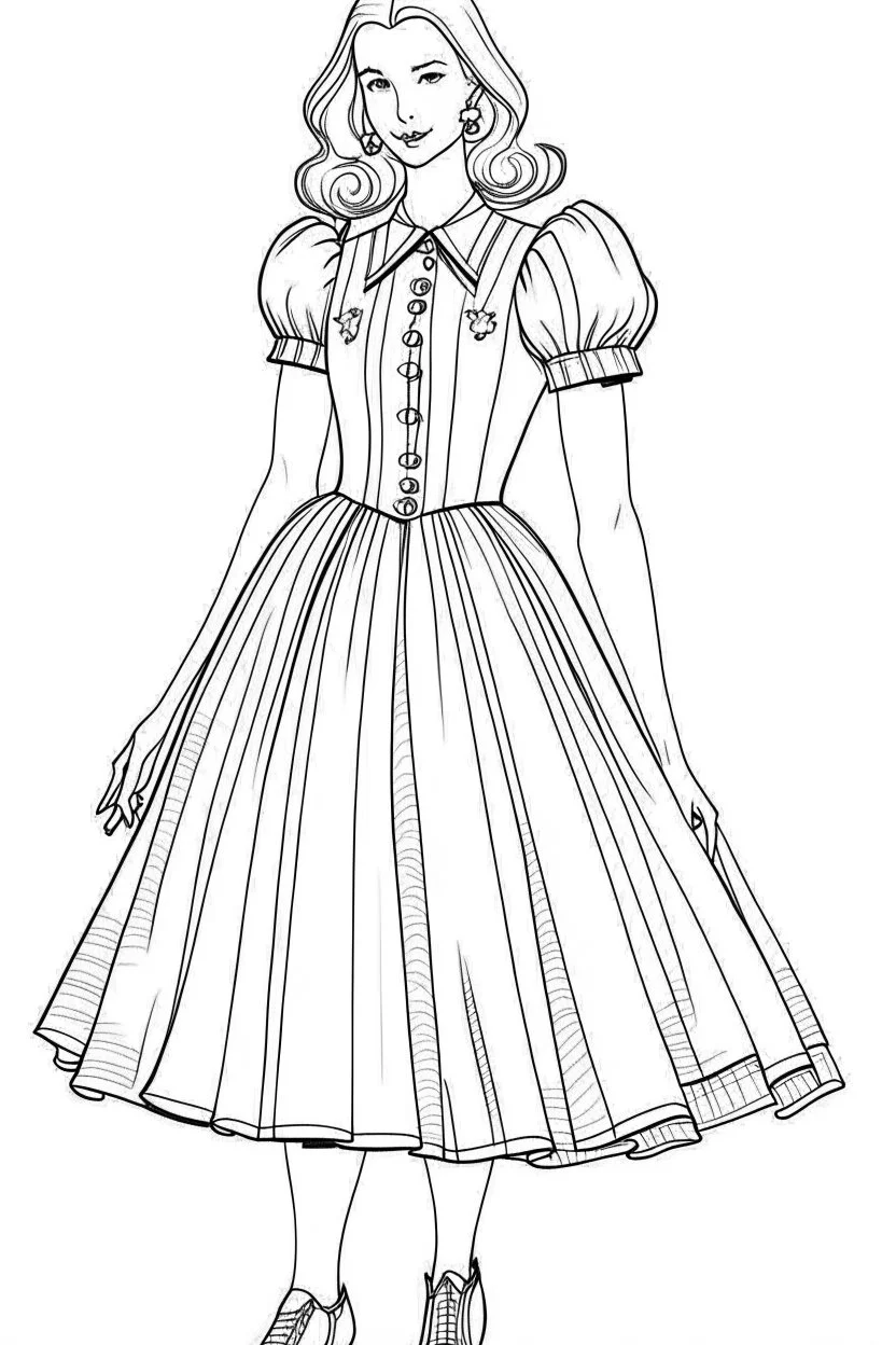 Outline art for coloring page OF 1945 MARY JANE DRESS FOR GIRLS, coloring page, white background, Sketch style, only use outline, clean line art, white background, no shadows, no shading, no color, clear