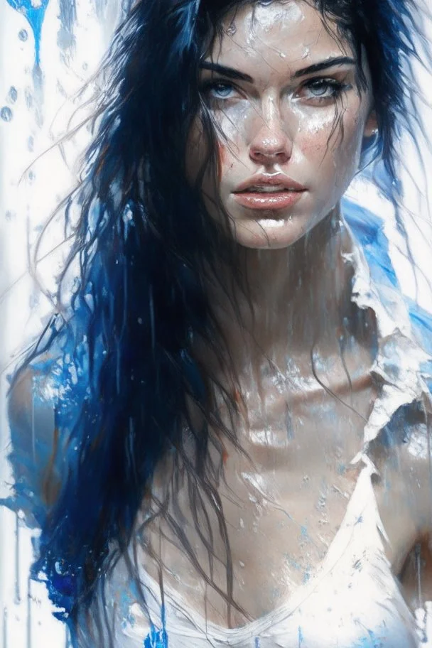 beautiful caucasian woman, age 23, wearing trendy wear wet-white T-shirt, light black hair, Attractive posing, Full body, perfect detailed face, frame the head, blue-eye, glamour, wet skin, Wet hair, rain, hyperdetailed painting, luminism, art by Carne Griffiths and Wadim Kashin concept art, 8k resolution, fractal isometrics details bioluminescens , 3d render, octane render, intricately detailed , cinematic, trending on artstation Isometric gritty, realistic mucha, intricate, high definition,