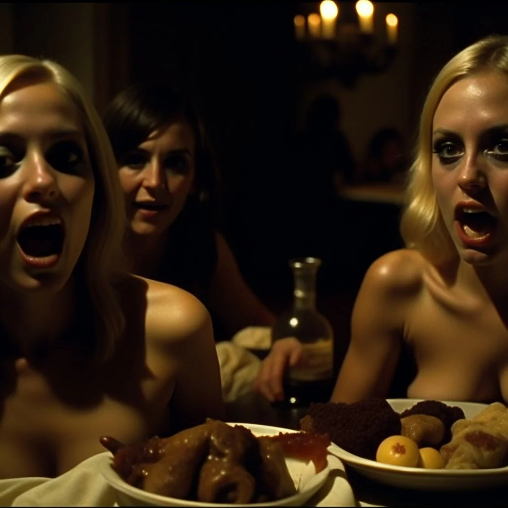 Horror movie shot, spooky, hot, ultra realistic, dine, horns, ultra realistic hot blonde women, party, pieces of meat, organs, ail, dynamic, very excited people, hypermaximalist figures, light, 1970's Italian horror movie, sinister,, Dario Argento, Stanley Kubrik, ornate, 4k, photorealism