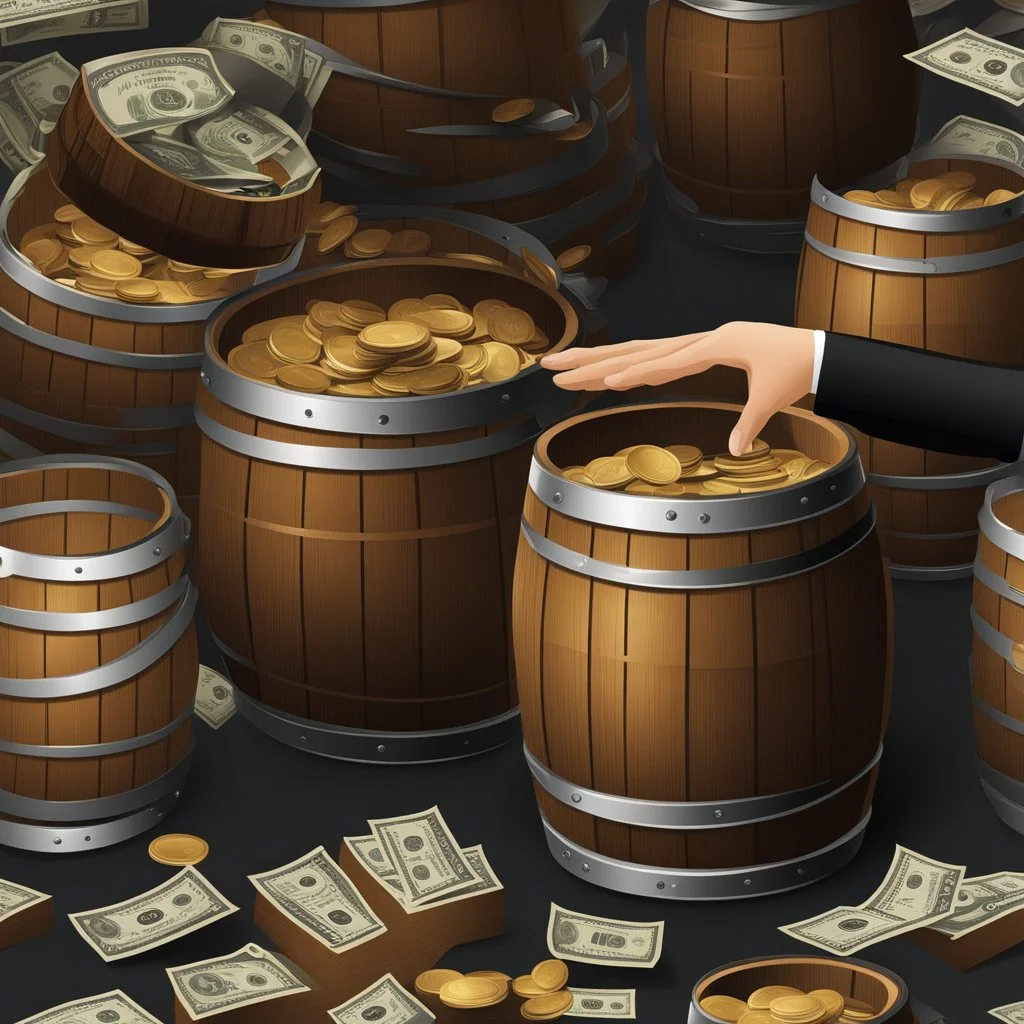 Two hands holding a wooden barrel : 1.5 ) money goes in from above and money comes out from below, ultra quality, vector graphics