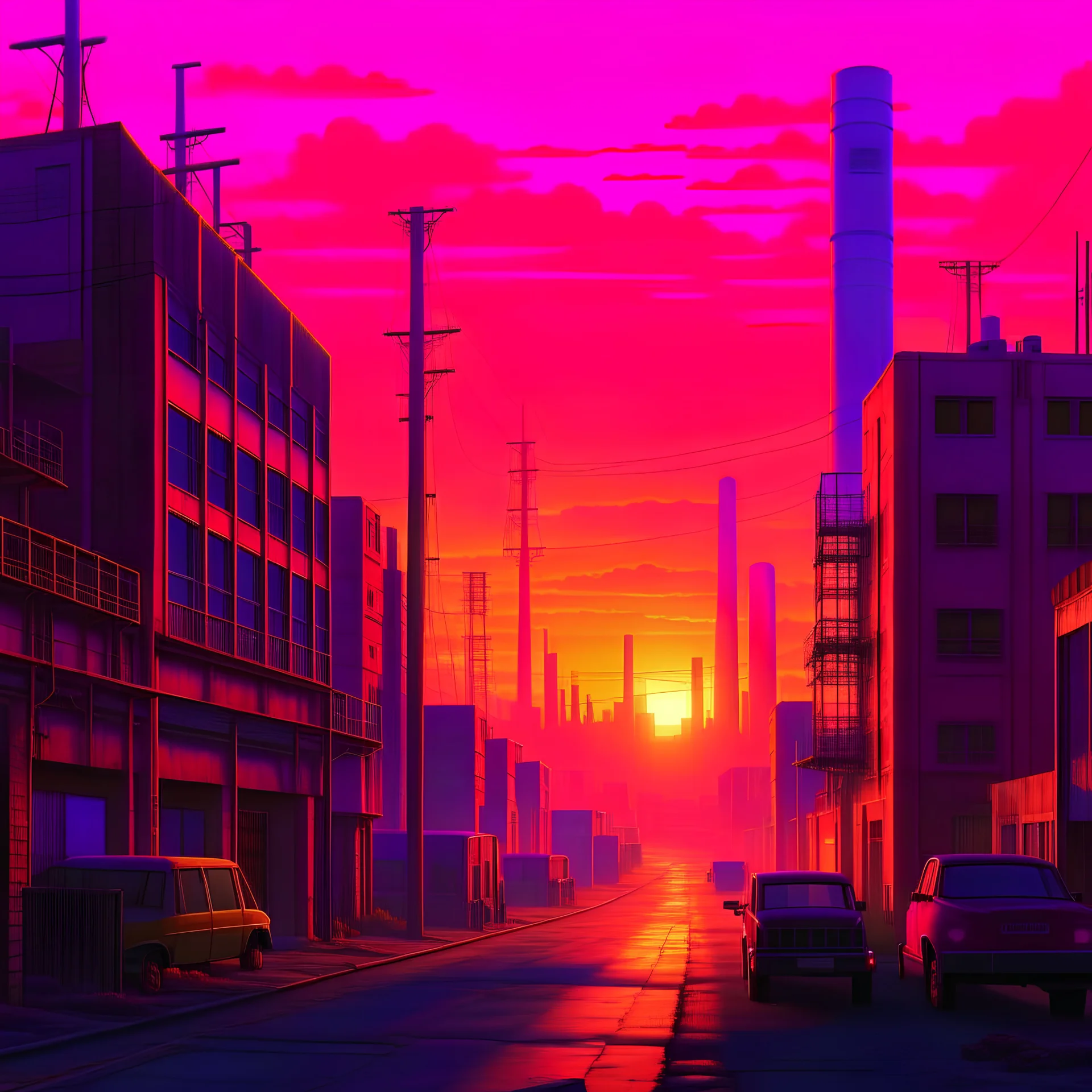 a dystopian street scene with factories and a synthwave sunset