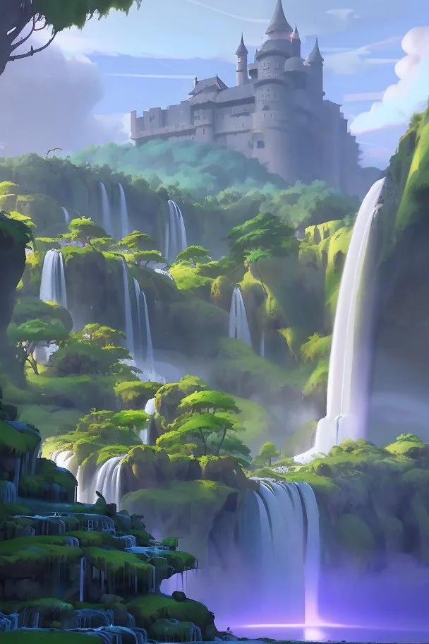 complex outdoor scene with waterfall and futuristic castles by warner brothers animation