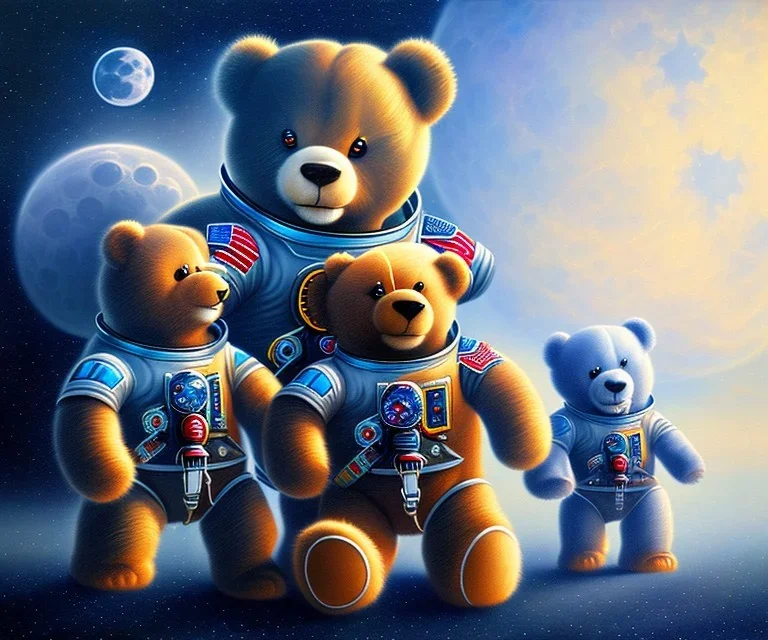 little boy and big teddy bears on moon. oil on canvas