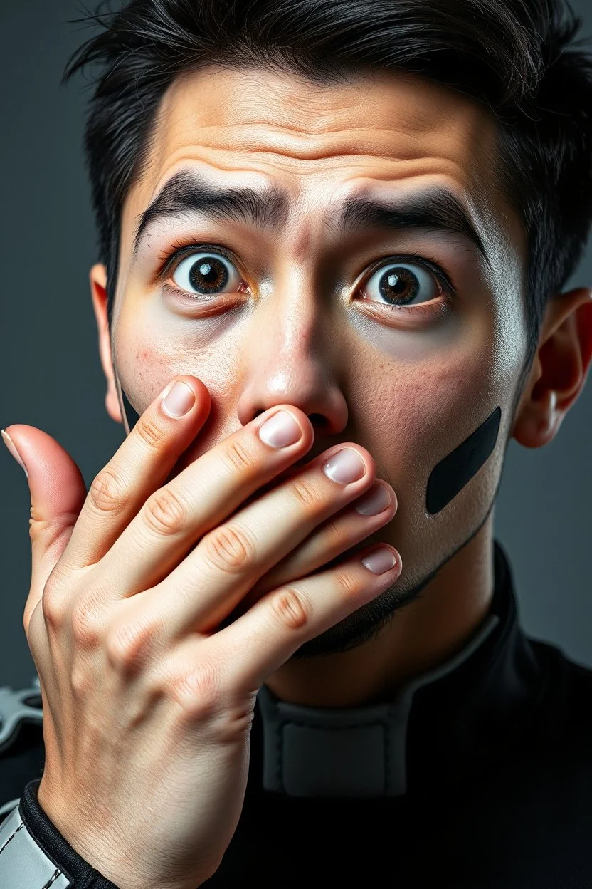 the AI showing surprise on his face expression and cover his mouth with his hand