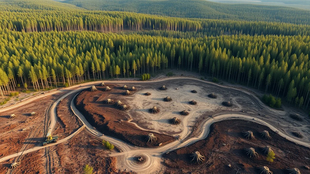 Climate emergency. Aerial view of a deforested area, with only a few scattered tree stumps remaining amidst the barren, exposed soil. Heavy machinery stands idle, and the surrounding forest appears dense and untouched, contrasting sharply with the cleared land. Beautiful award-winning photograph, shocking, rule of thirds, balanced delightful composition, perfect lighting, superb detail, 16k render