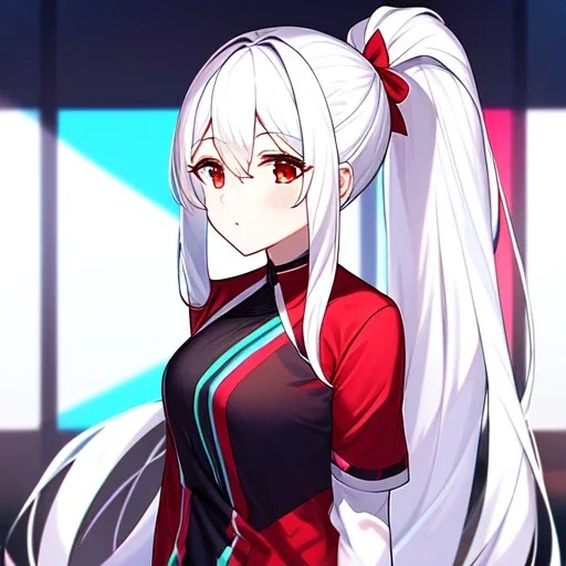 Clear focus, 8k, beautiful lighting, vibrant colors, girl, white hair, long hair, vibrant red eyes, ponytail, same twins, white hair, red eyes, same clothes,