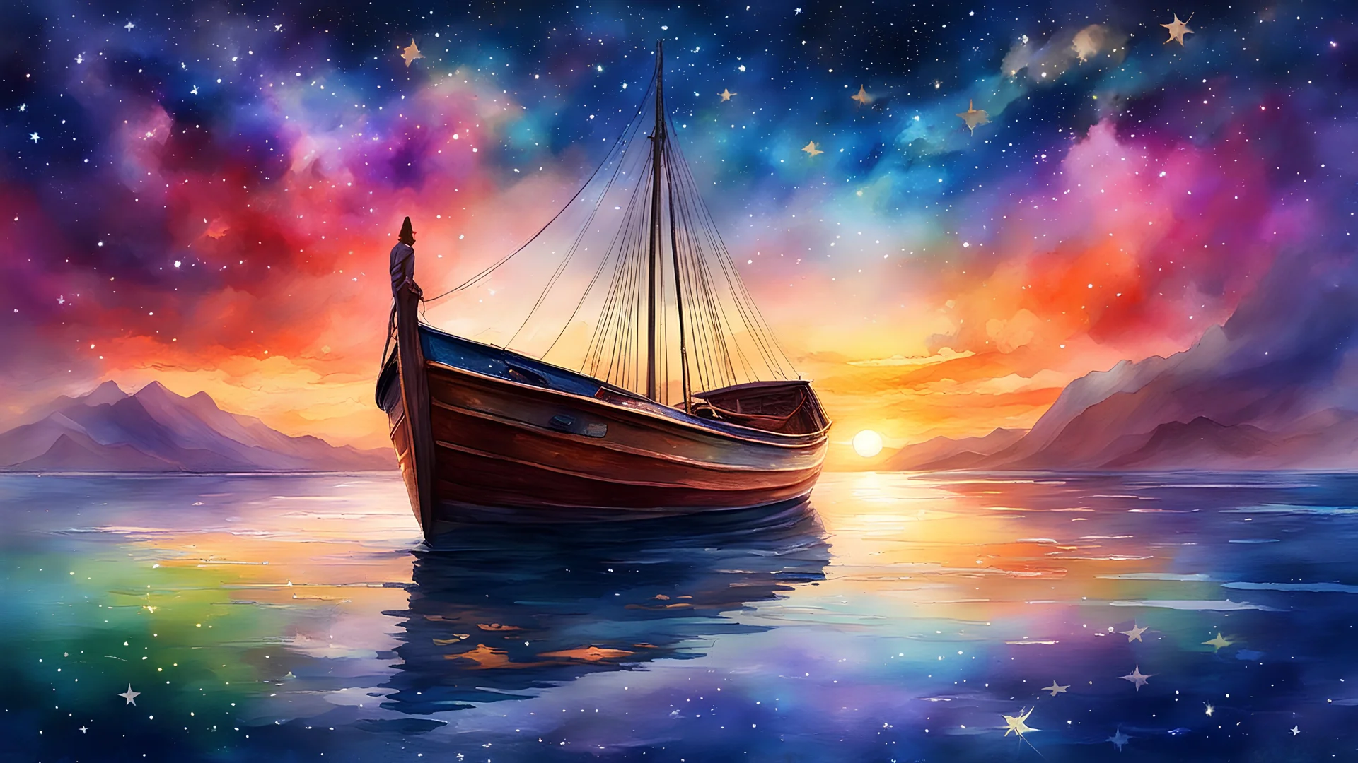 amazing watercolor painting award winning, ((a boat floating on top of a body of water under a sky filled with stars, trending on cgsociety, fantasy art, colorful sunset, stars are hidden in the eyes, fantasy. gondola boat, gazing off into the horizon, stars and paisley filled sky, sunny rainbow galaxy stormy sea, wanderer, starry sky 8 k)), photo is taken with a Canon EOS R5 and a Canon RF 100-500mm f/4.5-7.1L IS USM lens, ultra high quality, ultra high detailed