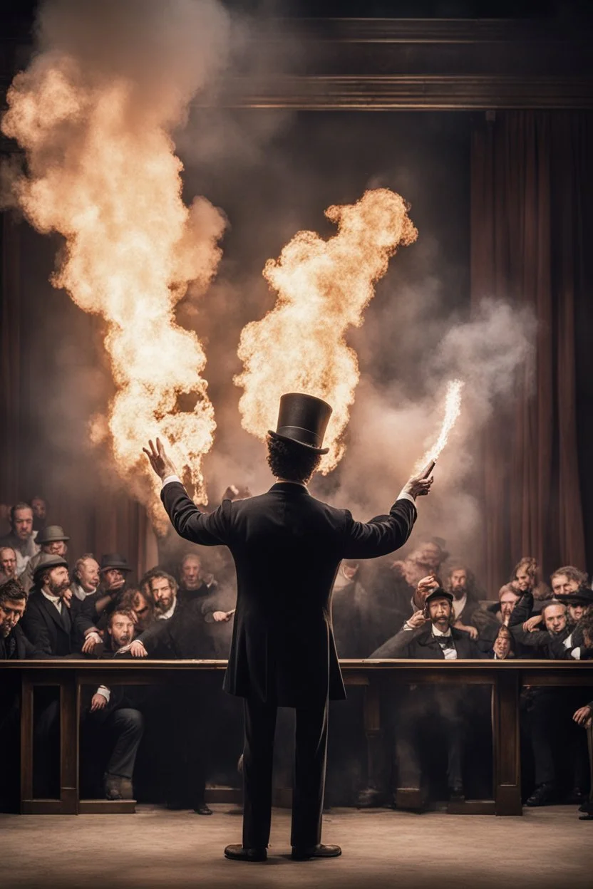 Create a powerful visual representation of the moment Booth fires a single shot into the back of Abraham Lincoln's head. Convey the shock and chaos among the audience as the gunshot reverberates through the theater