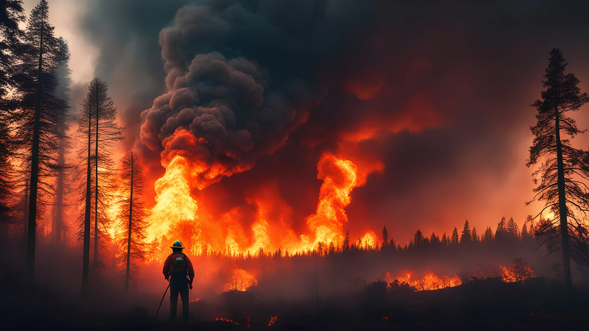 Climate emergency. A dense forest consumed by raging wildfires, with towering flames and thick, dark smoke filling the sky. Wildlife flee from the inferno, and a firefighter stands at the edge, silhouetted against the blazing backdrop. Beautiful award-winning photograph, inspiring, rule of thirds, balanced delightful composition, perfect lighting, superb detail, 16k render