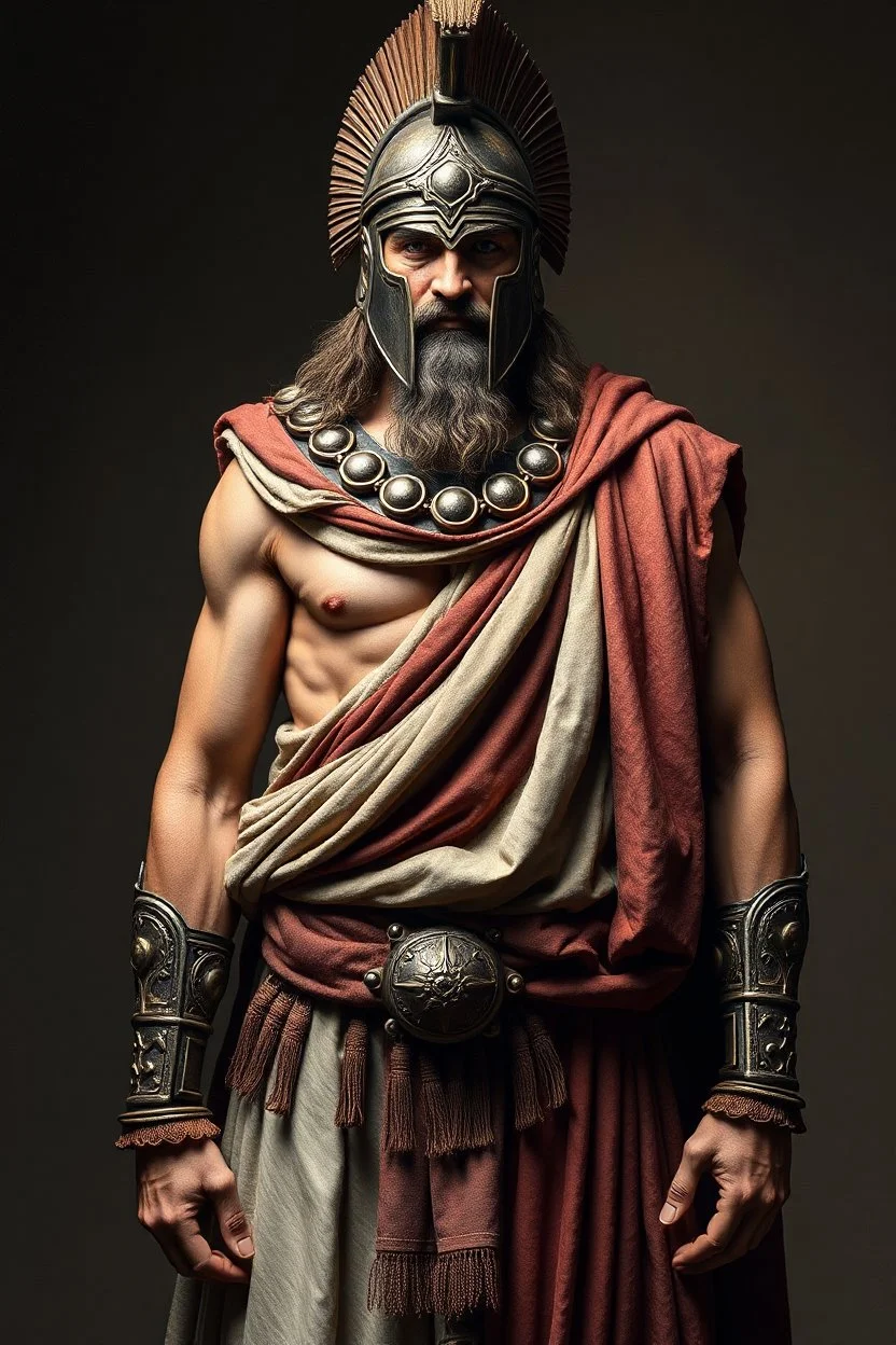 Traditional greek warrior full body front view, looking at the viewer, , traditional si, studio photograph, very aesthetic, highly detailed, brilliant composition, hyper realistic, photorealistic, subsurface scattering matt painting