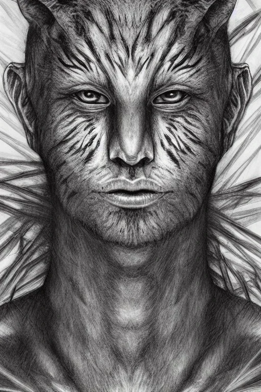 Rainforest, hybrid human man with tigerhead walking, frontal, model style, hyper realistic, accurate, delicate, extremely detailed, Graphic novel style, wide-angle, front view, open aperture, superfine pencil