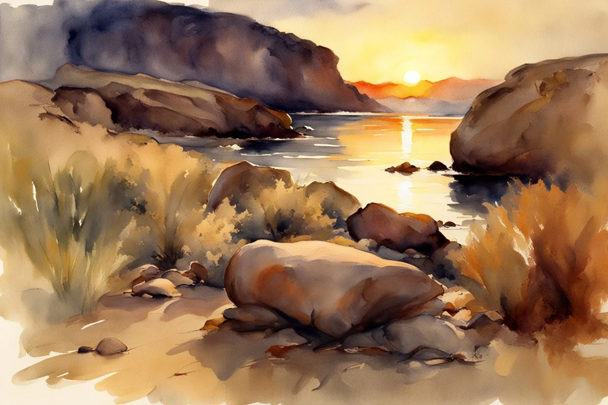 Sunset, rocks, mountains, rocky land, epic, john singer sargent watercolor paintings