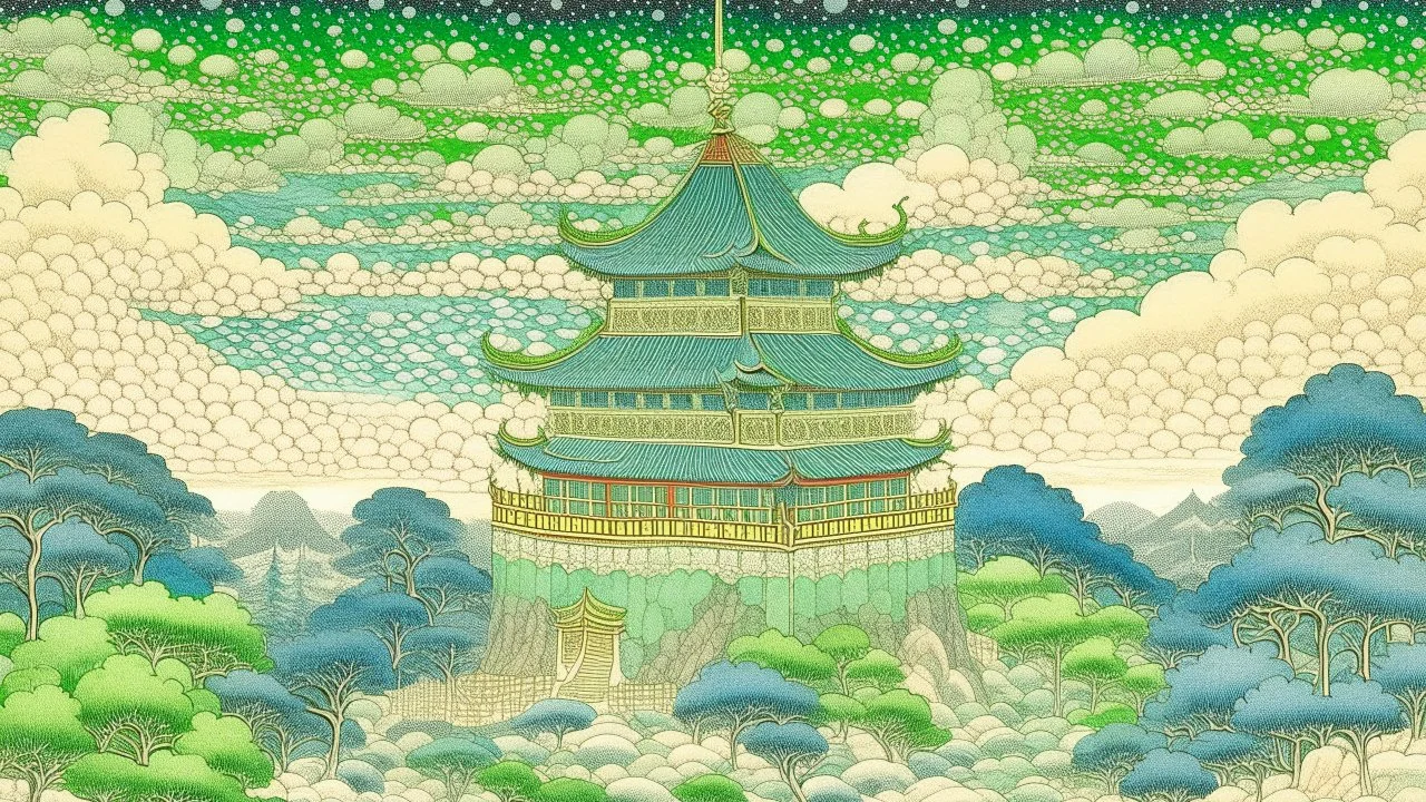 A pale light green palace covered in glitter in the sky painted by Katsushika Hokusai