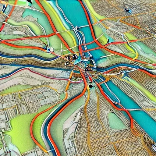 colored pins positioned throughout a topographic map, roads and highways, desaturated colored map, highly detailed, intricate design, smooth, realistic render, Artstation, smooth, sharp focus, illustration, artgerm