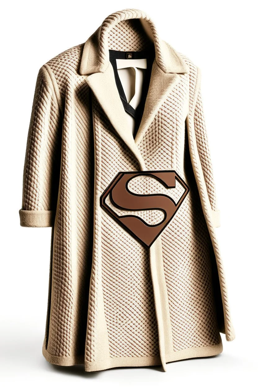 Superman's Balenciaga overcoat Winter elegant inspired by Superman's emblem design beige tones with dual color on a white background, product catalog photography, soft spot lighting, depth of field, 4k –ar 3:5 –q 2