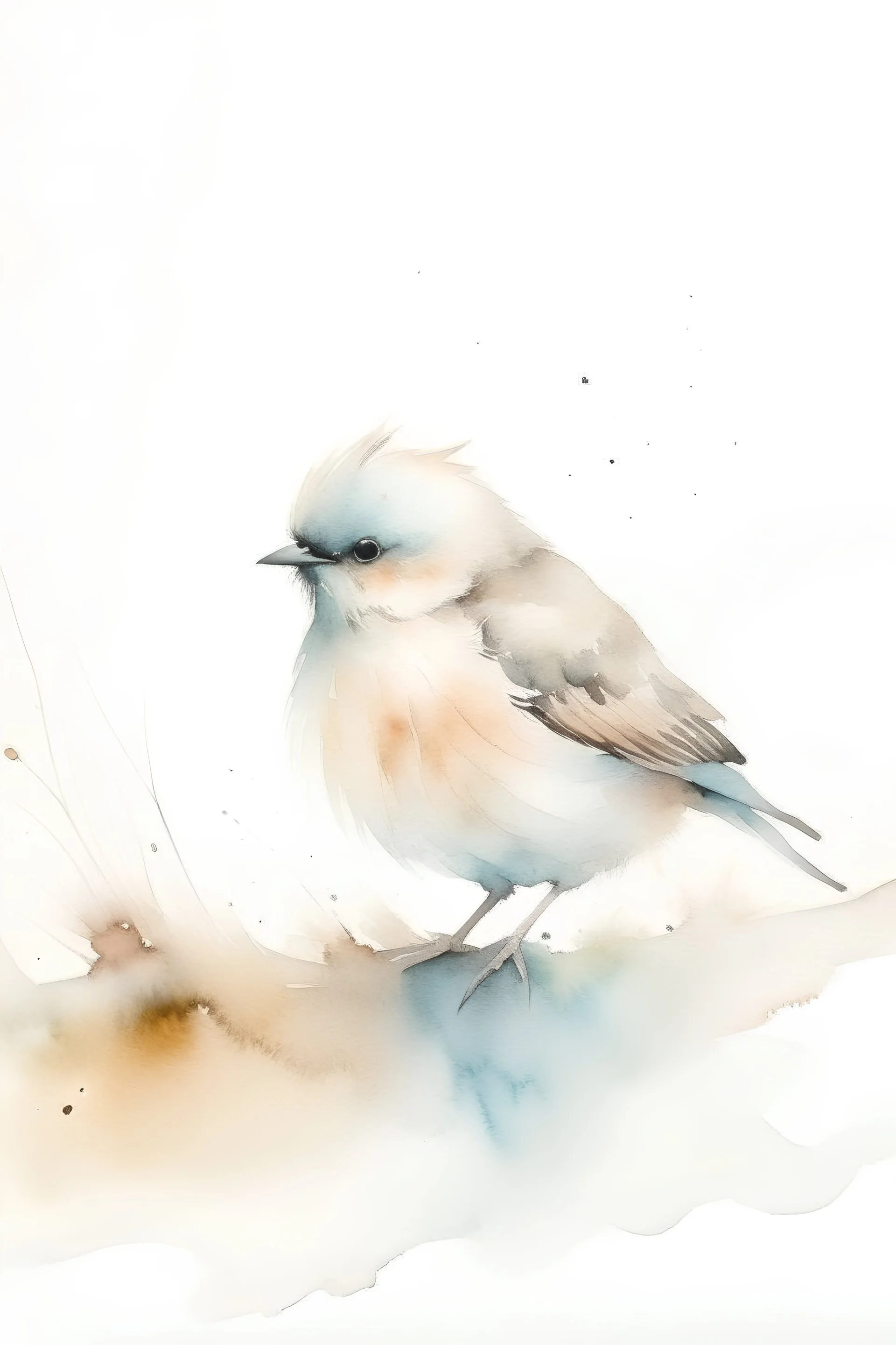 Watercolour of fluffy bird in winter, minimalistic, warm pastel colours, snow, realistic, two legs, negative space