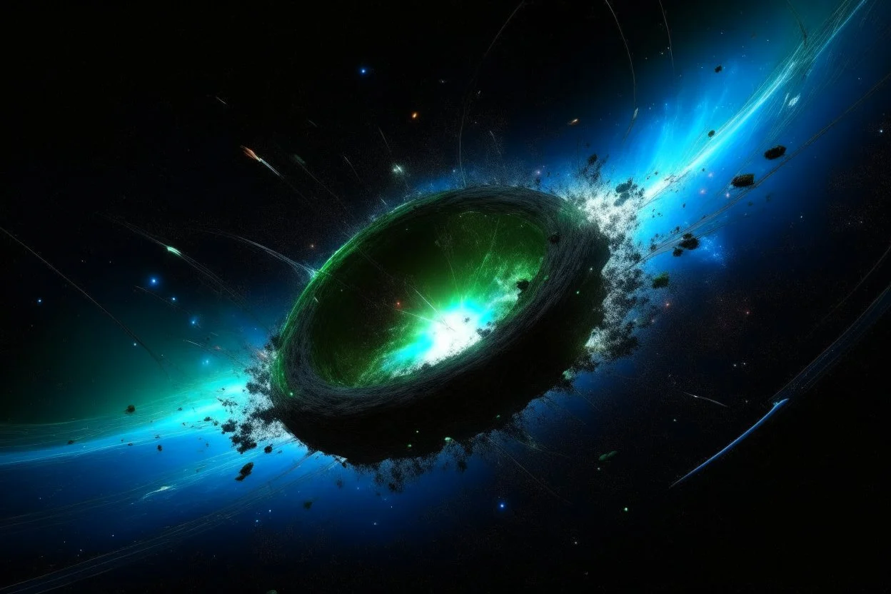 A supernova explosion's blast wave is spreading in a circle outward in all directions, overtaking green and blue worlds, ripping them apart and spreading debris into a ring around the dead star.