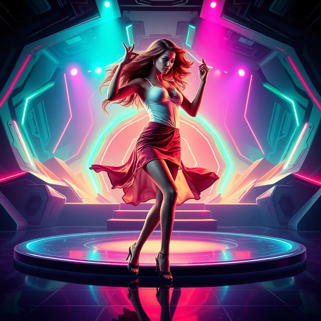 Futuristic sci-fi style, a pretty woman dancing energetic salsa with fluid, expressive movements, on a futuristic evolving stage with morphing 3D geometric structures, pulsating to the rhythm, dynamic vibrant neon lights, volumetric