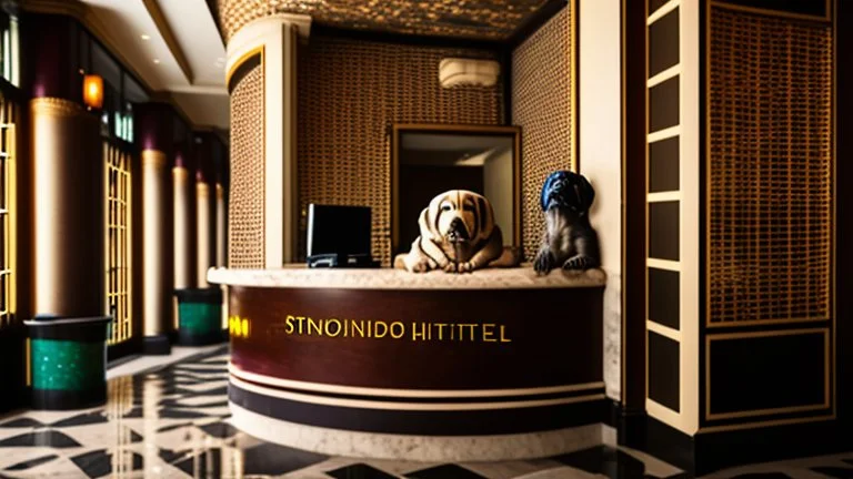 indian hotel front desk with crying puppies in cages all over the lobby