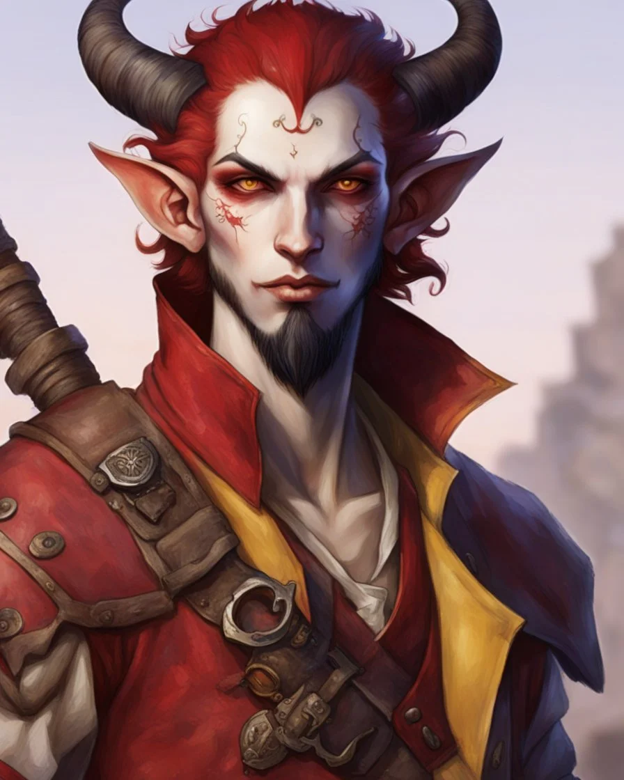 male humanoid tiefling, pirate, pale white skin, yellow eyes, soft purple lighting, round face, short beard goatee, functional clothes, red coat