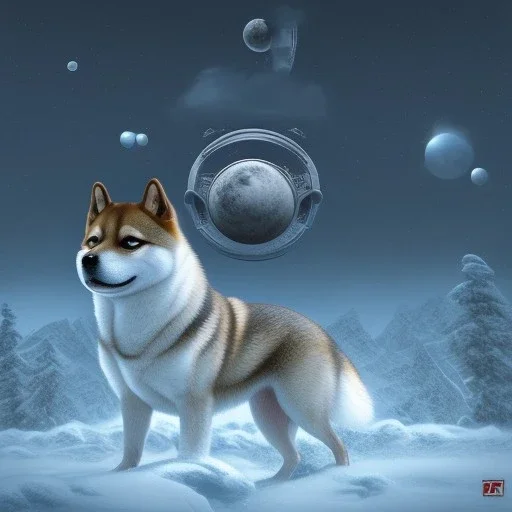 shiba inu doge, looking up, ethereal orbs, nazi, antarctica, moonscape