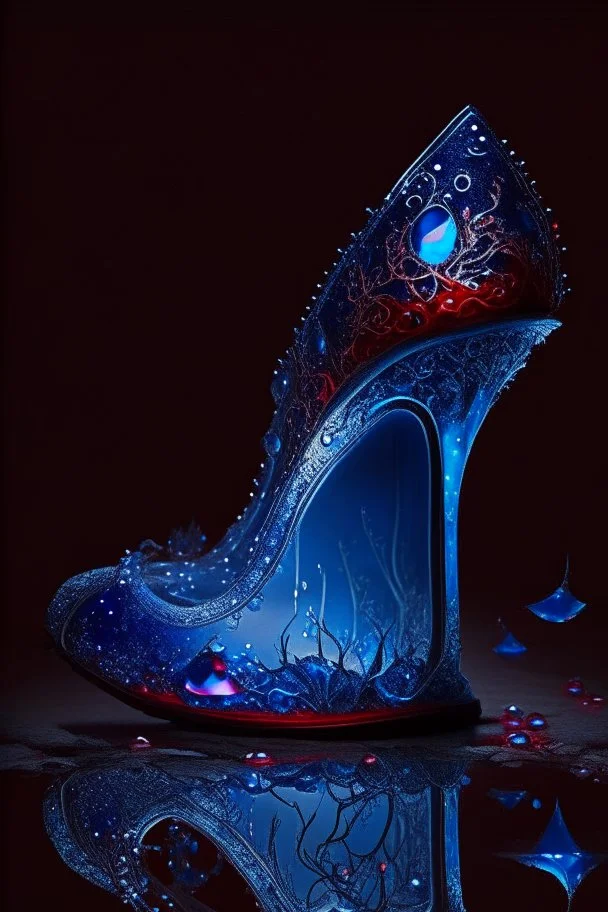 dark fantasy, intricate cover, a whimsical fairytale, translucent shoe made of blue glass with drops of crimson blood underneath