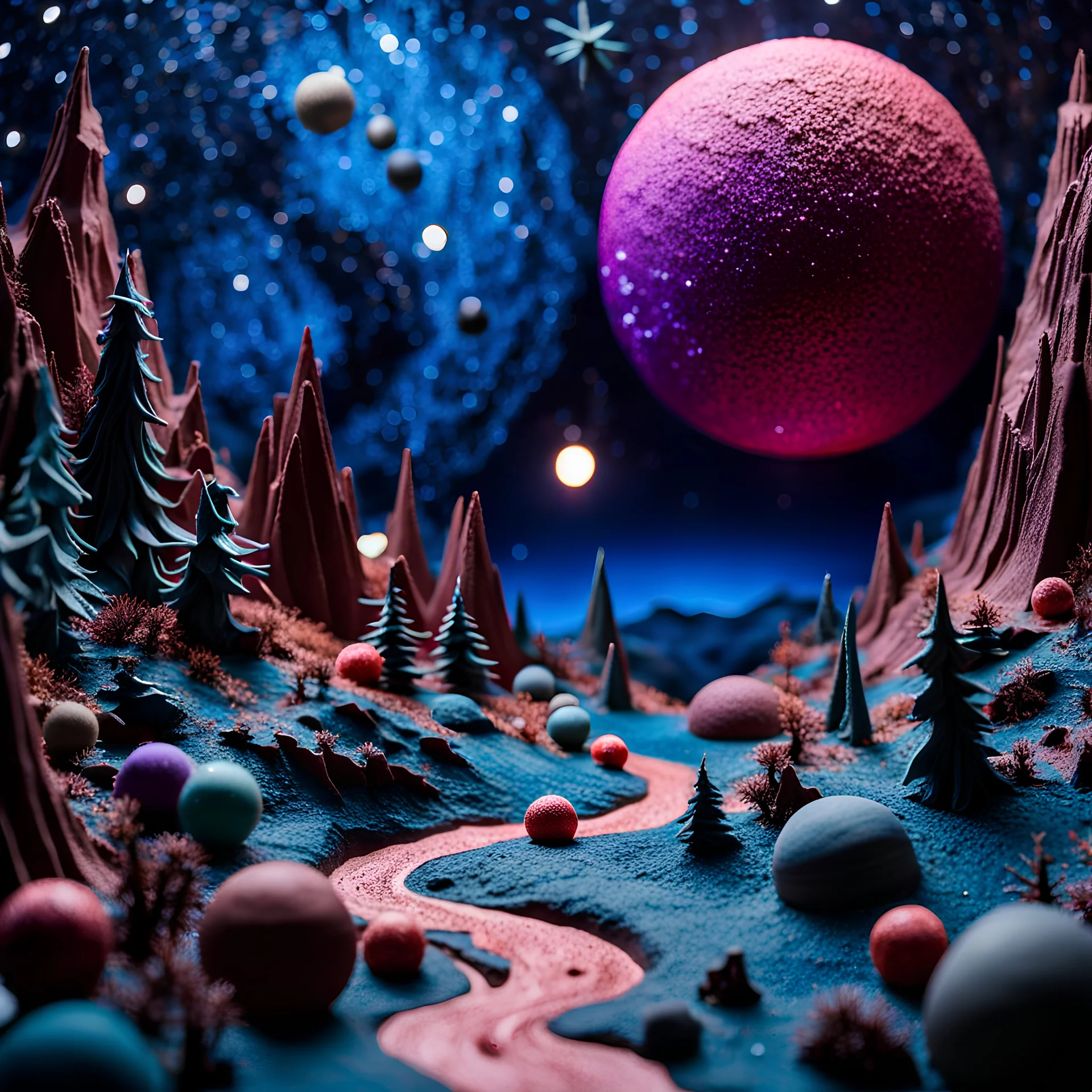 Detailed creepy landscape made of modeling clay, stars and planets, Roger Dean, Tim Burton, strong texture, Ernst Haekel, extreme detail, Max Ernst, decal, rich moody colors, sparkles, bokeh, odd