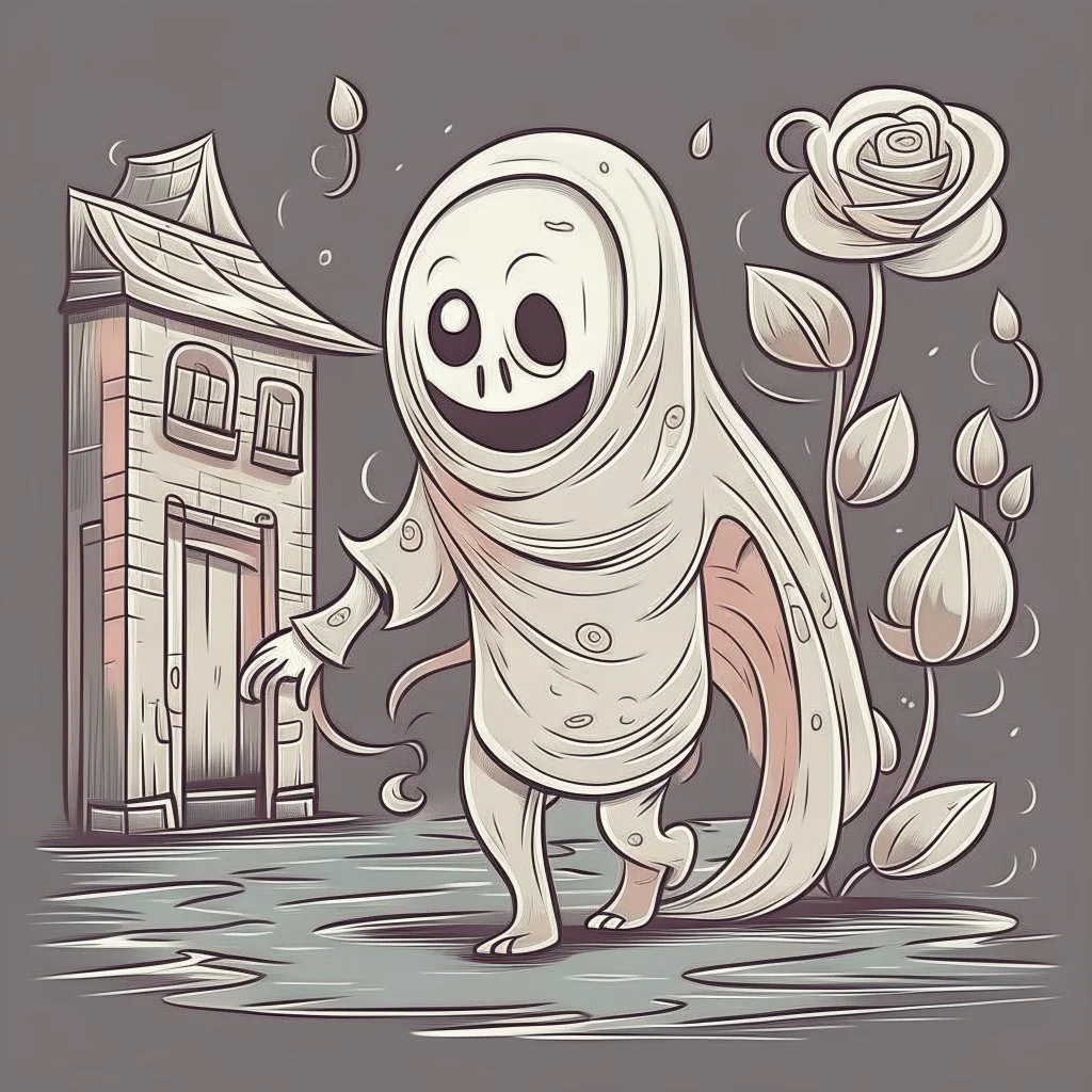 Vintage sheet Ghost animation, rubberhose drawing style, cute ghost with a rose alone on a street, cartoon art, hand drawn, cute horror, overexaggerated