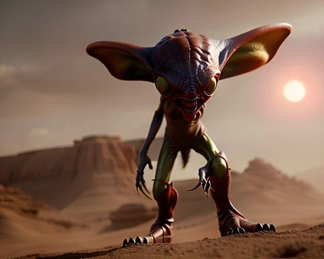 Wider Alien creature from mars holding a rifle handle, boots